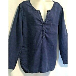 Joie 100% Linen Women Blouse Henley Size L Navy Blue Long Sleeve Rollable Hi-Lo